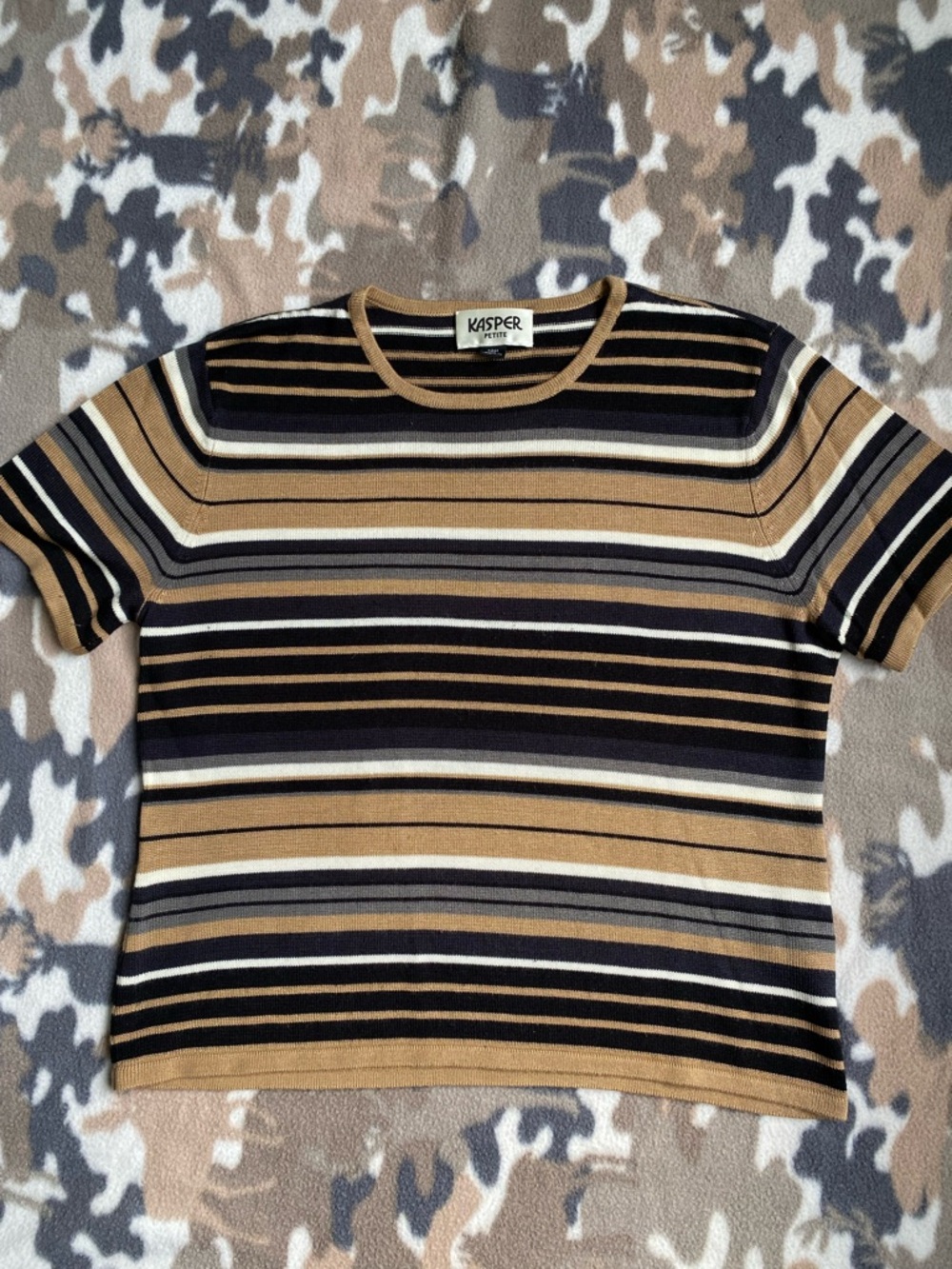 Vintage Kasper Petite Striped Knit Tee Shirt Brown Black Tan Multicolor Size 12P